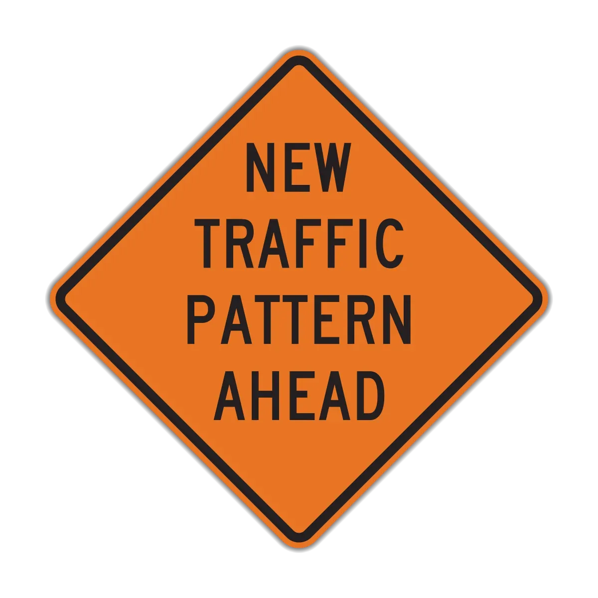 An orange diamond-shaped road sign warns of a new traffic pattern.