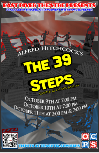 A theater poster advertises 'Alfred Hitchcock's The 39 Steps' with a British theme.