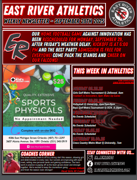 East River Athletics weekly newsletter with sports schedules and announcements.