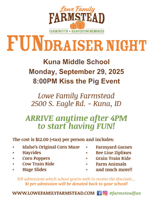 A flyer announces a fundraiser night at Lowe Family Farmstead for Kuna Middle School.