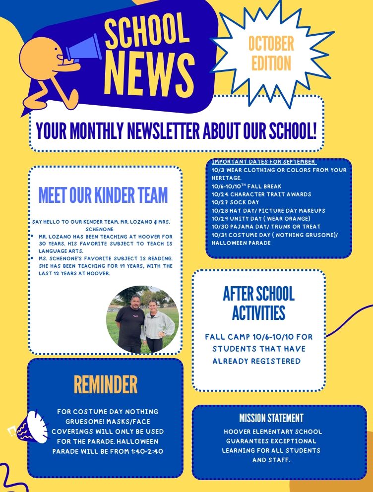 School newsletter with October edition, featuring important dates, activities, and reminders.