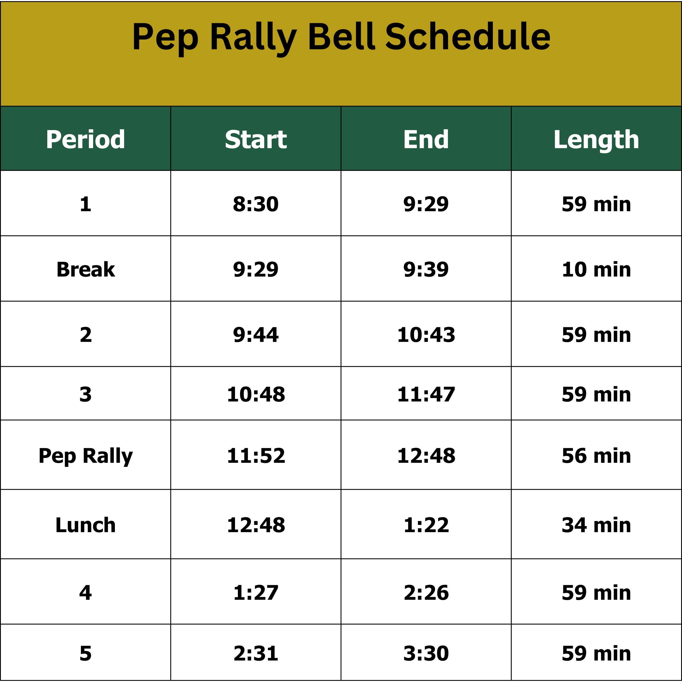 REMINDER: Pep Rally Bell Schedule for Friday, May 1