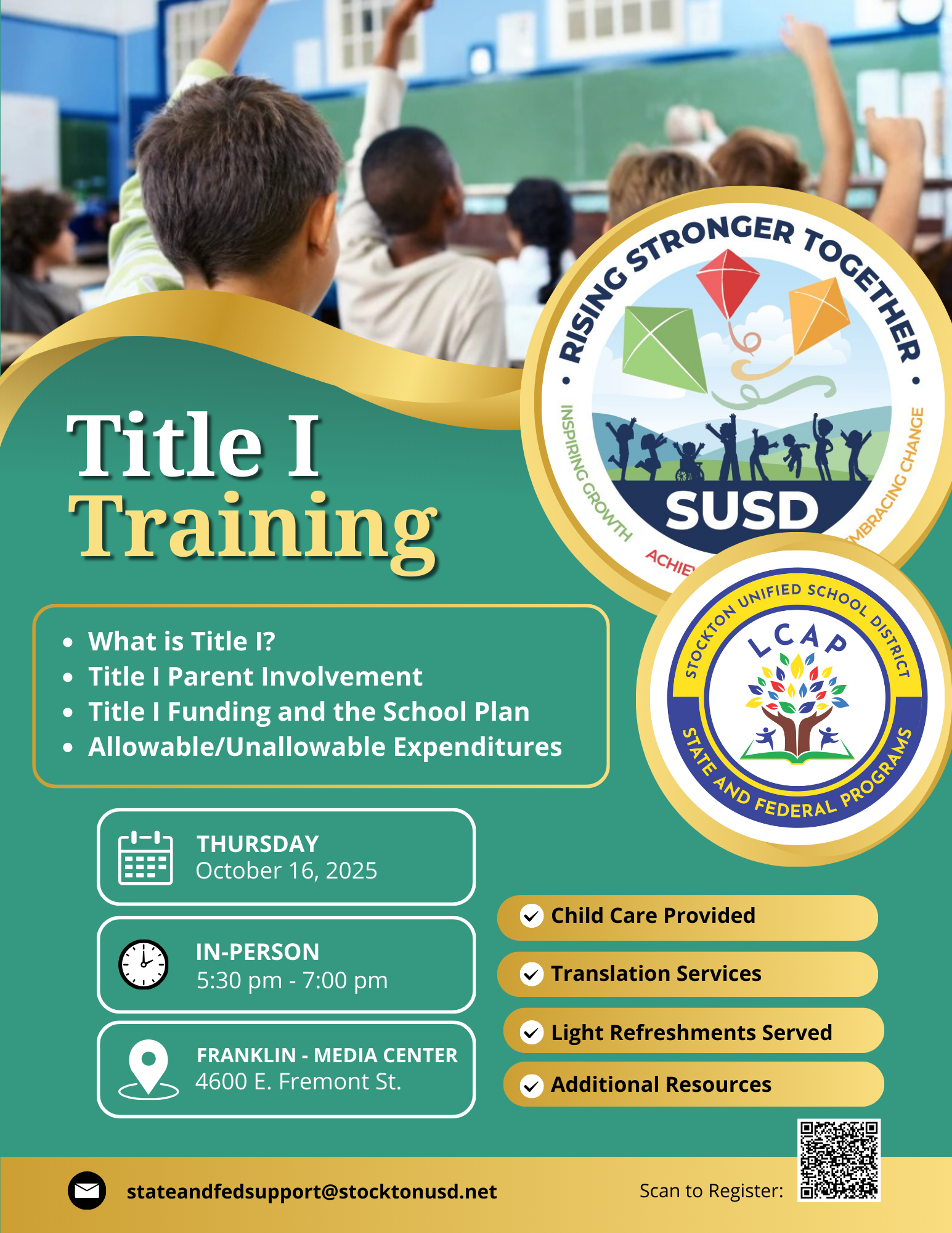 A flyer promoting Title I Training with details about the event and services offered.