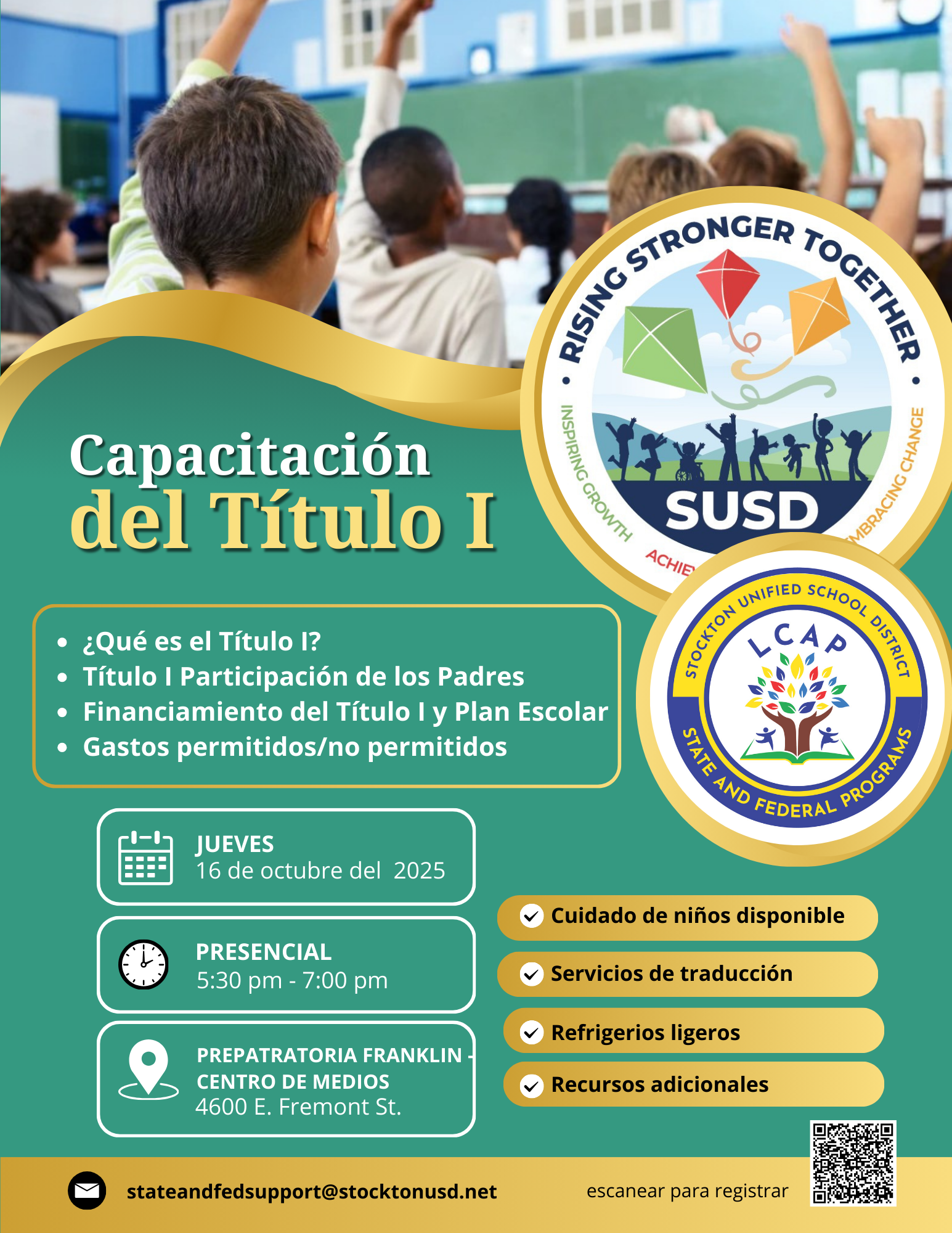 An informational flyer in Spanish for a Title I training event, featuring children in a classroom.