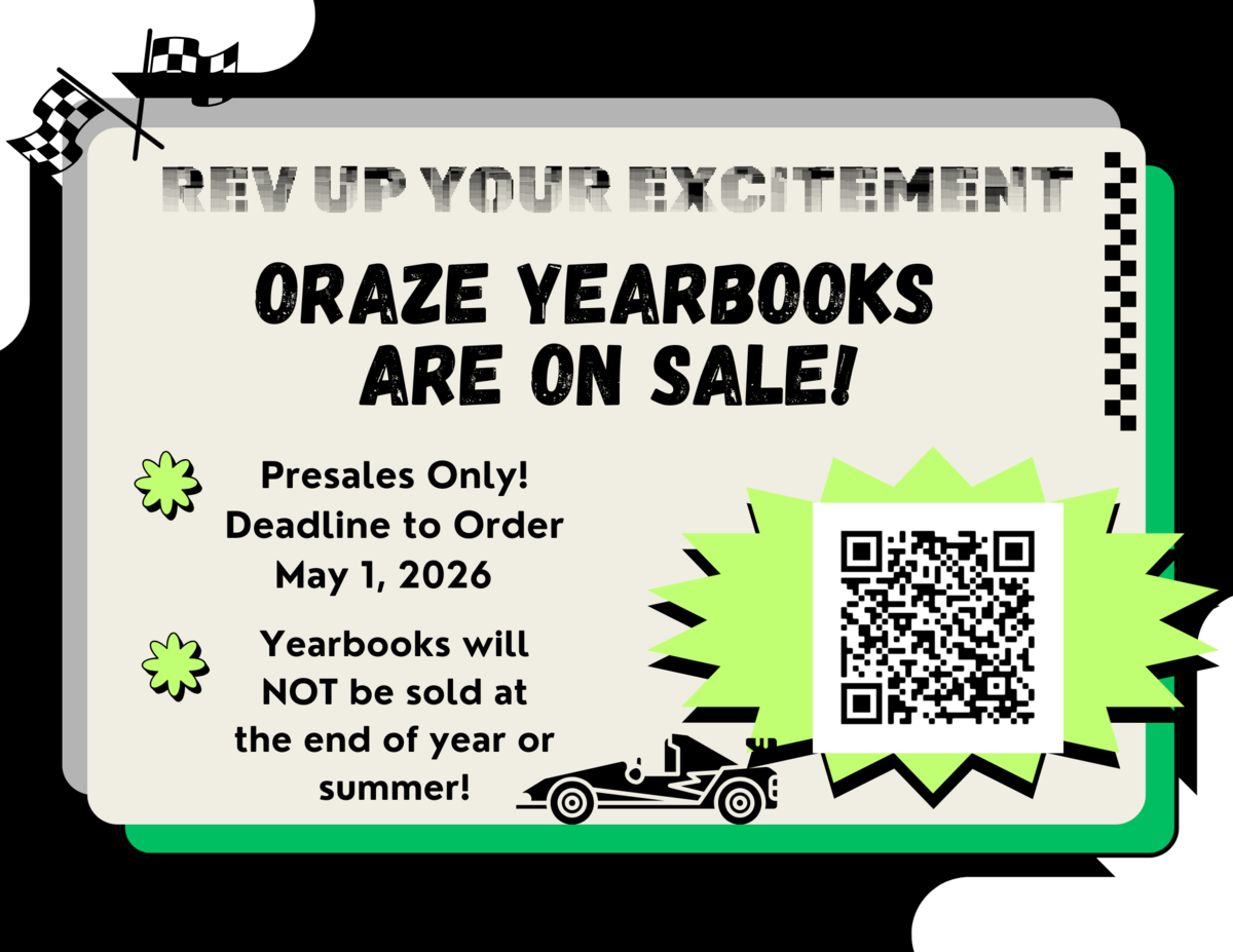 An advertisement announces ORAZE yearbooks are on sale, with a May 1, 2026 deadline.