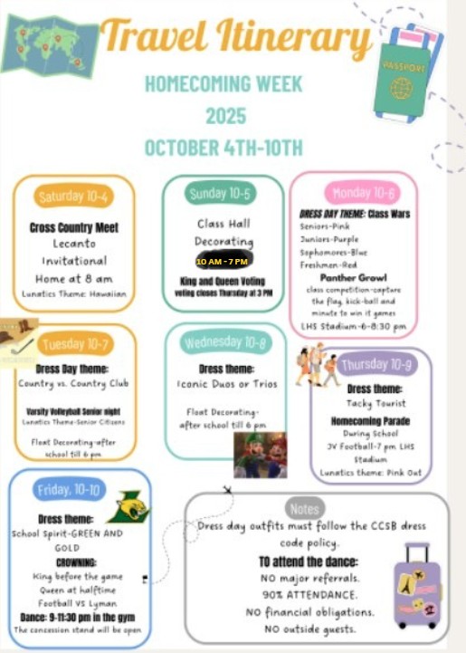 A colorful itinerary for Homecoming Week 2025, detailing events from October 4th to 10th.