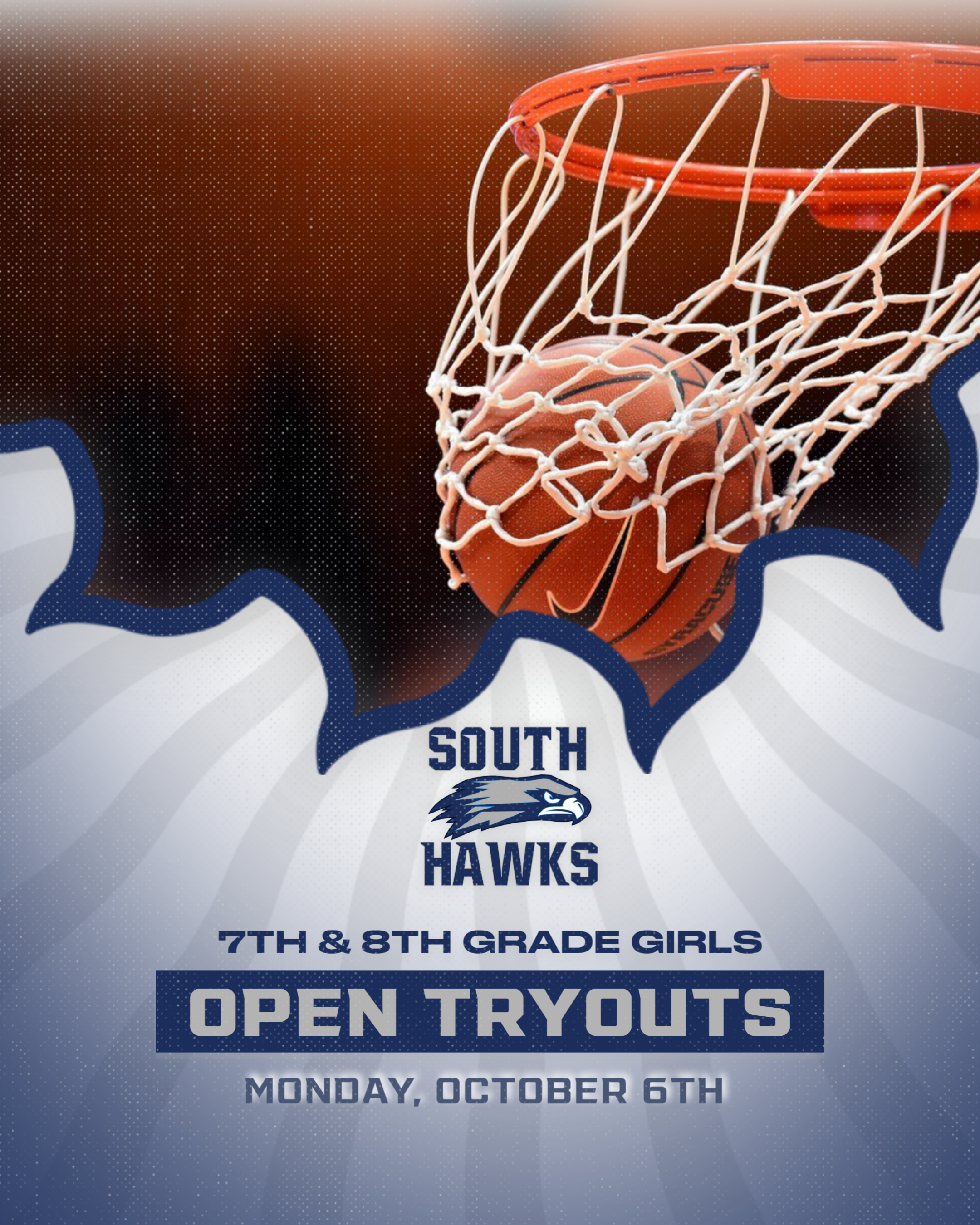 A basketball goes through the net in a sports-themed poster.