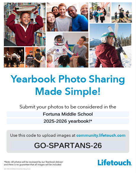 A collage of diverse images promoting yearbook photo submissions for Fortuna Middle School.