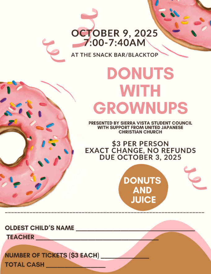 A flyer announces a 'Donuts with Grownups' event, featuring pink donuts and event details.