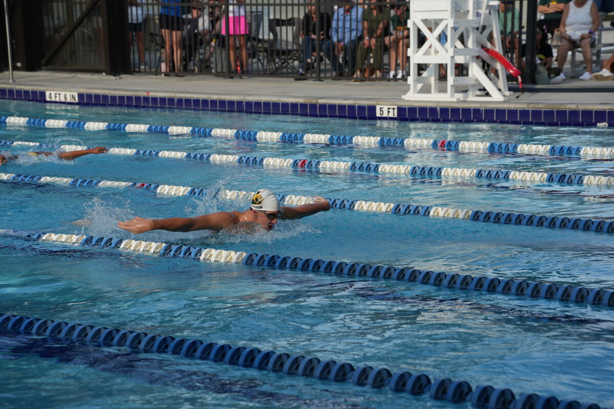 A swimmer in a cap and goggles performs the butterfly stroke in a pool.