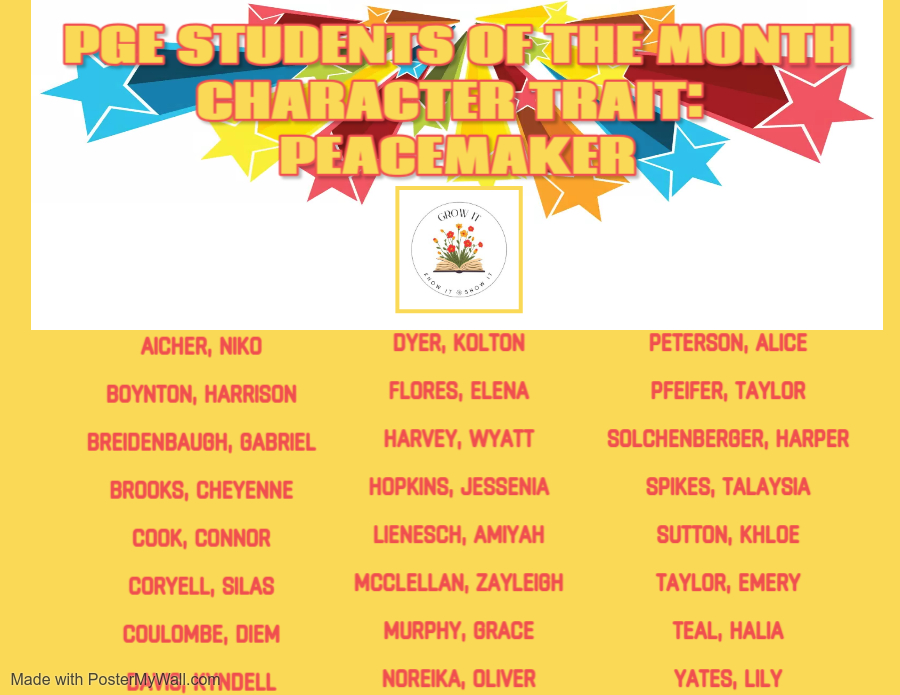 A poster announces 'PGE Students of the Month' with the character trait 'Peacemaker'.