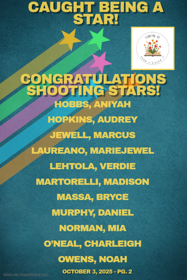 A poster congratulates 'Shooting Stars' with a list of names and colorful star graphics.