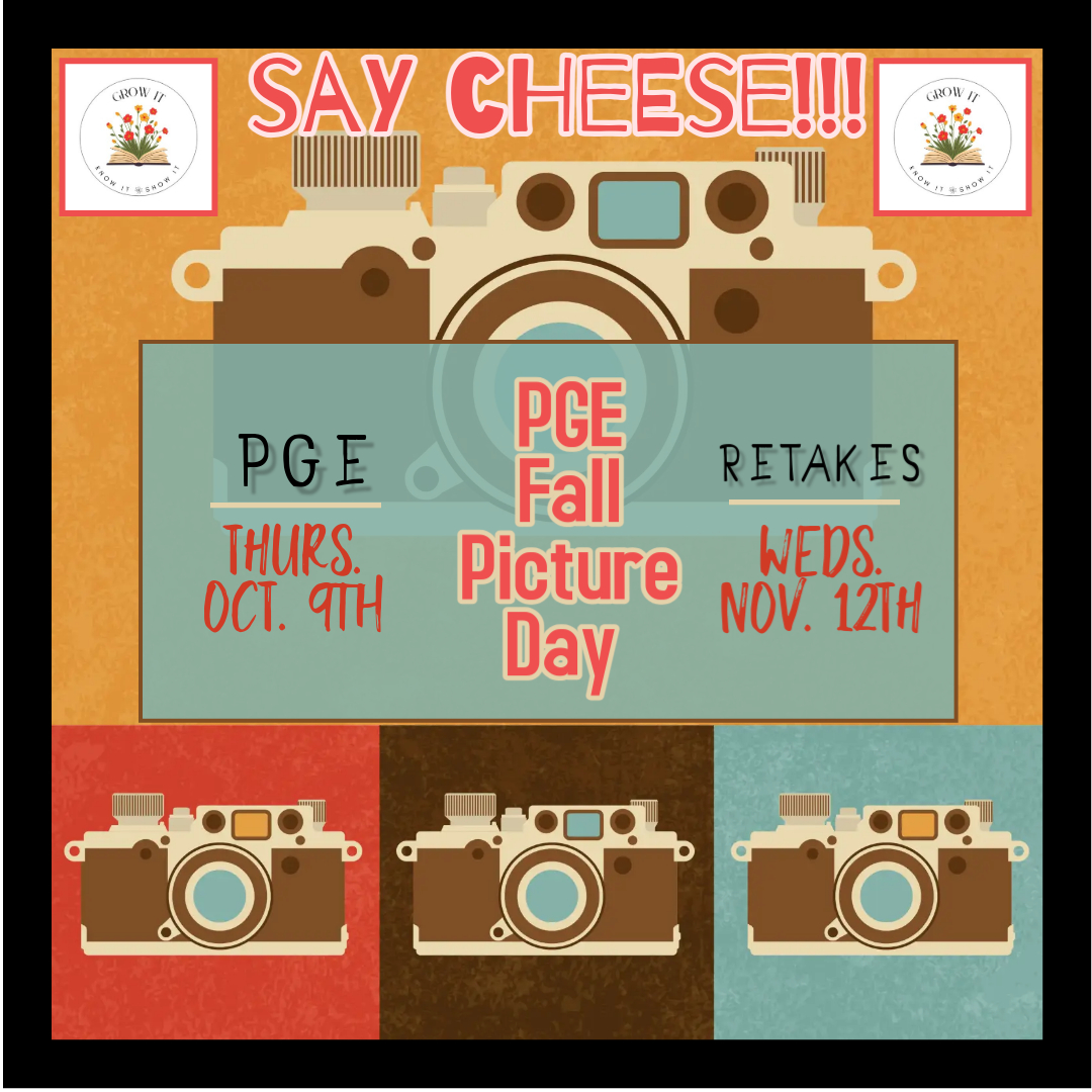 A colorful graphic announces PGE Fall Picture Day and retakes.