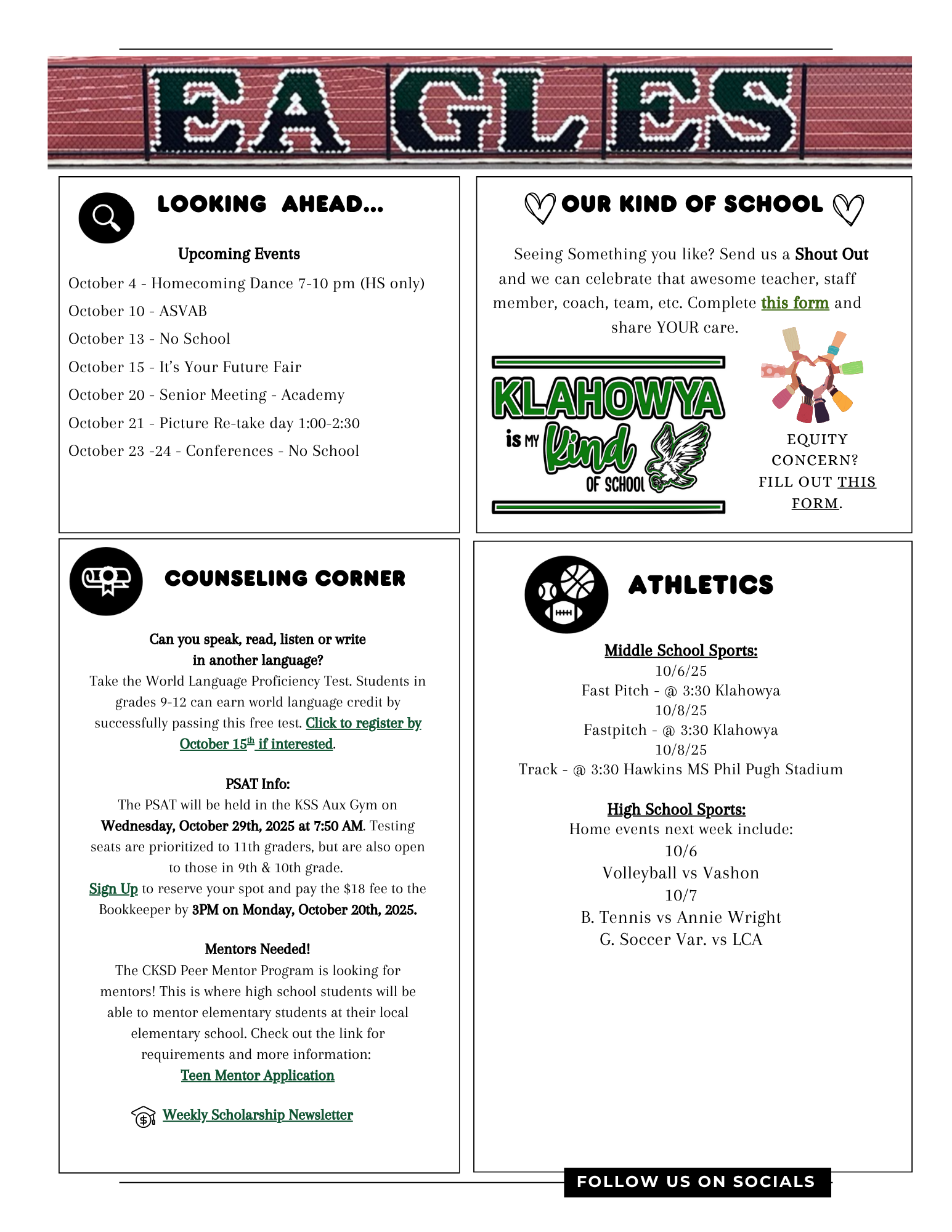 A school bulletin board with upcoming events, counseling information, and sports schedules.