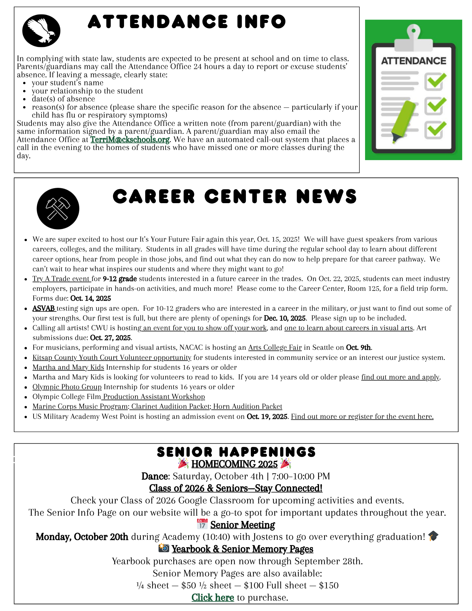 A school information sheet with sections on attendance, career center news, and senior happenings.