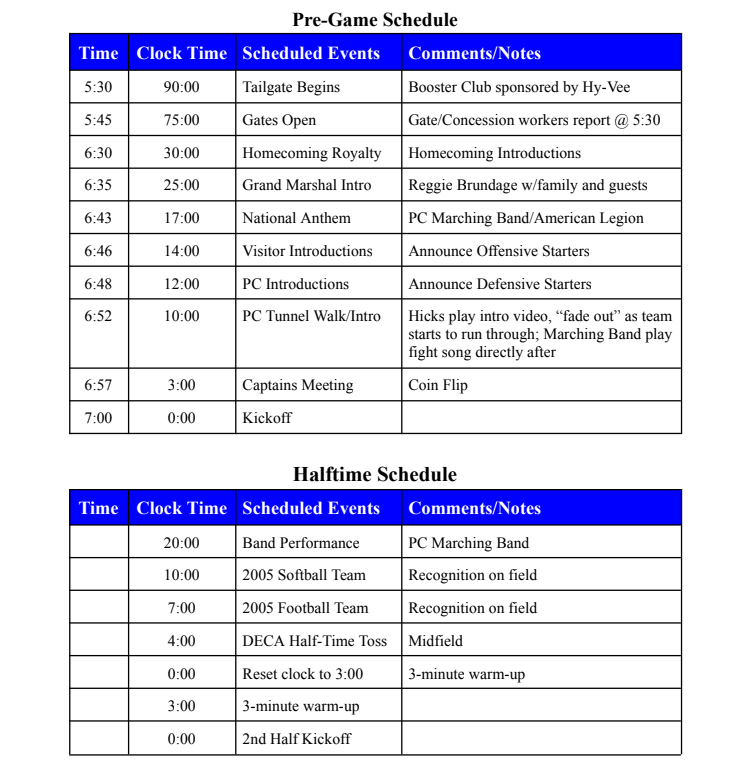 Game Day schedule for Homecoming