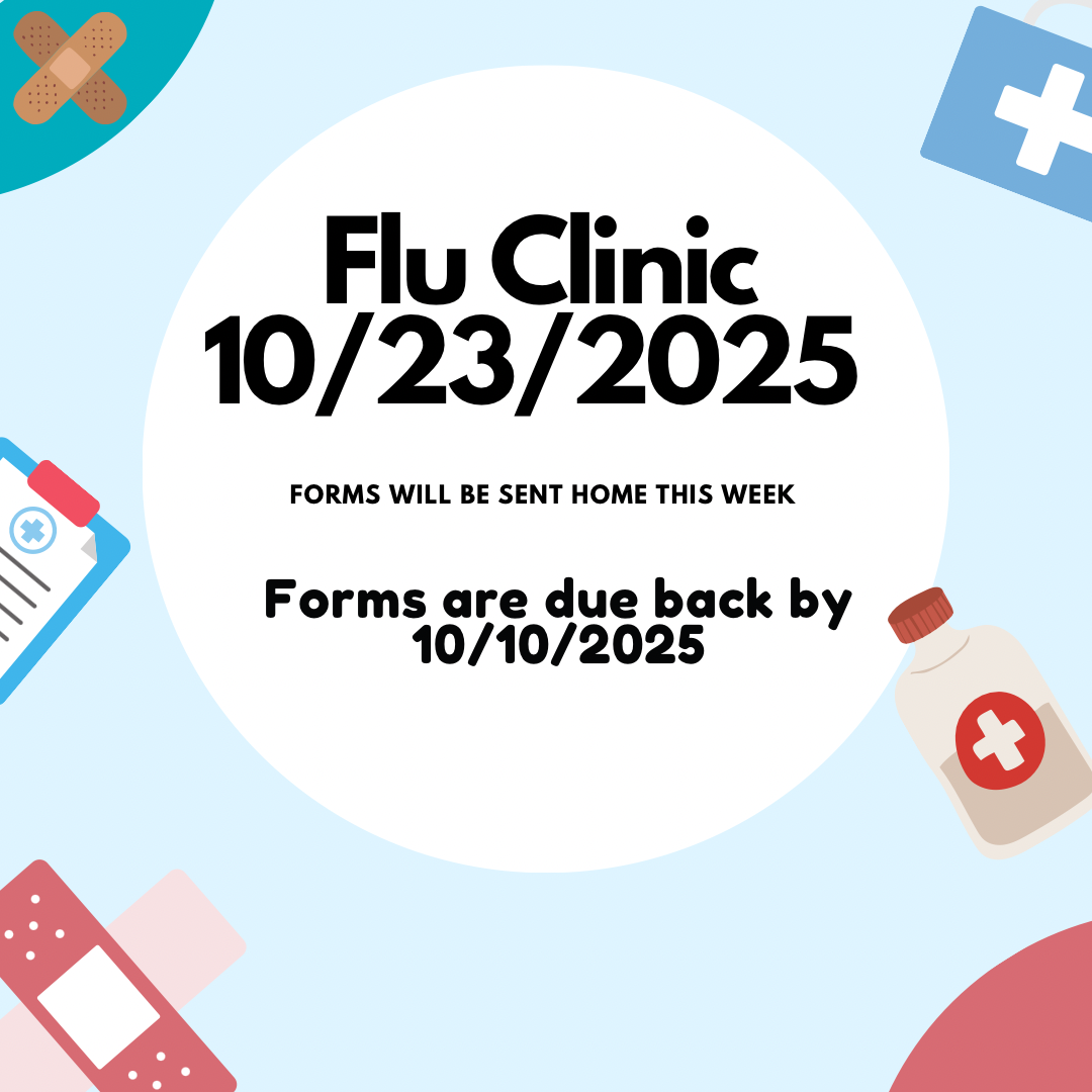 An informational graphic announces a flu clinic on 10/23/2025.