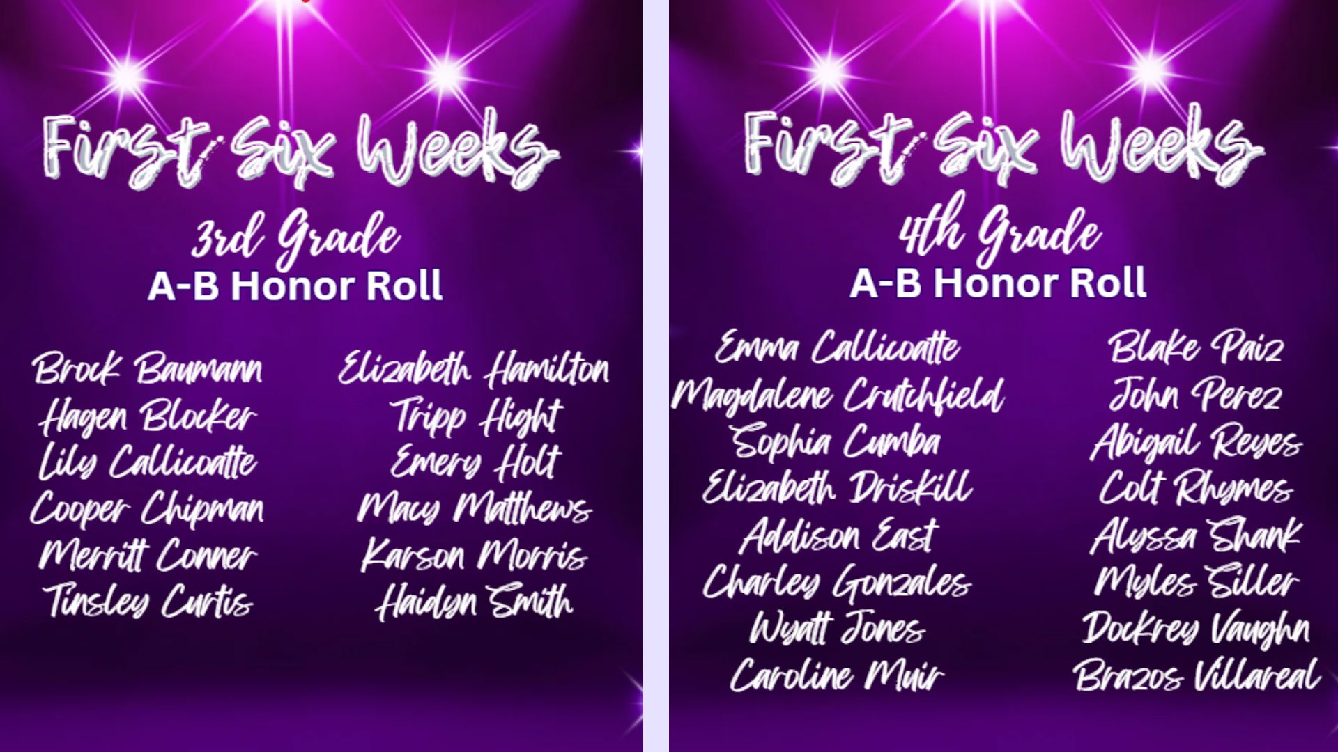 A purple poster lists students on the 3rd and 4th grade A-B Honor Roll.