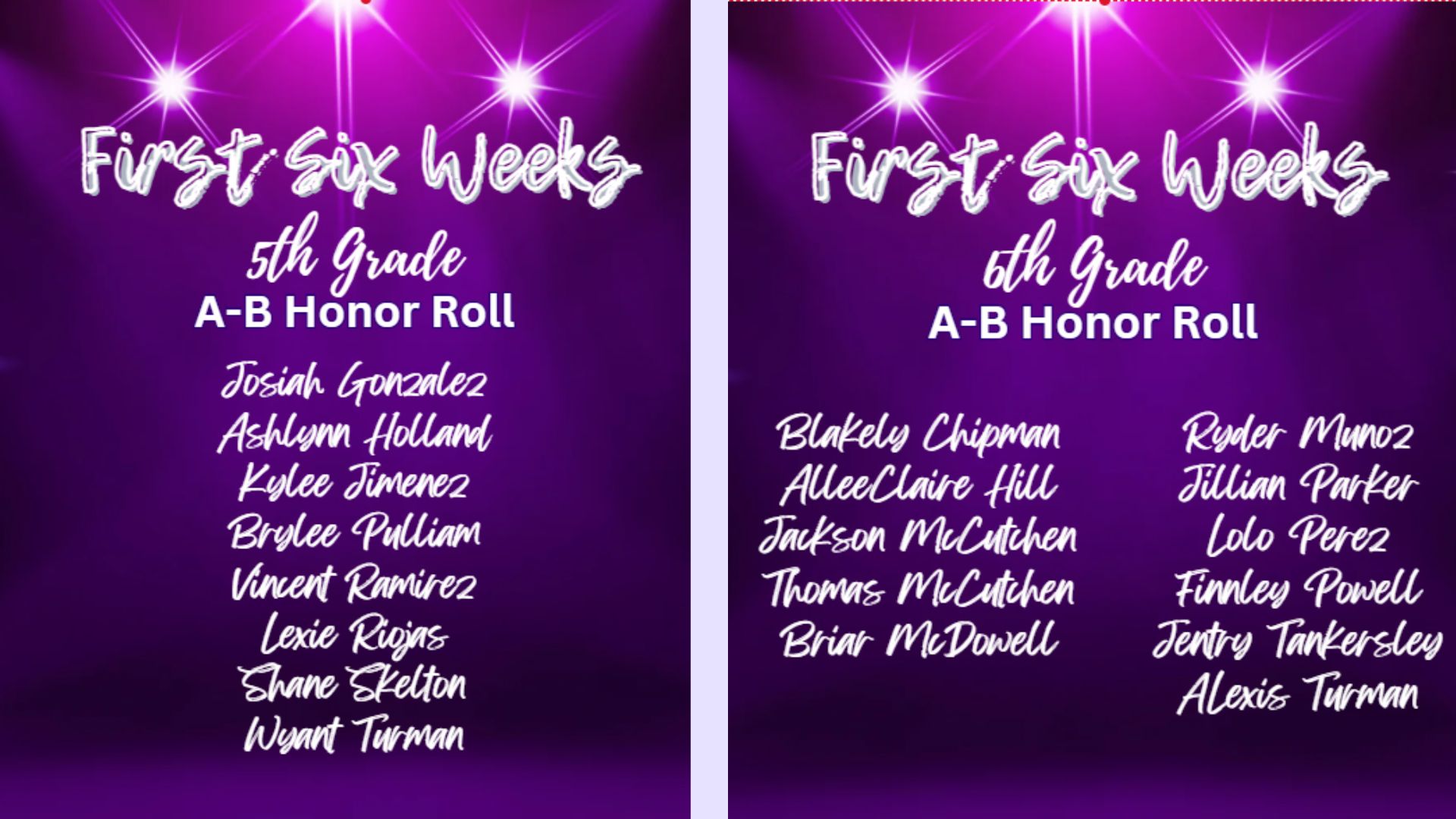 A purple graphic lists names of 5th grade students on the A-B Honor Roll.