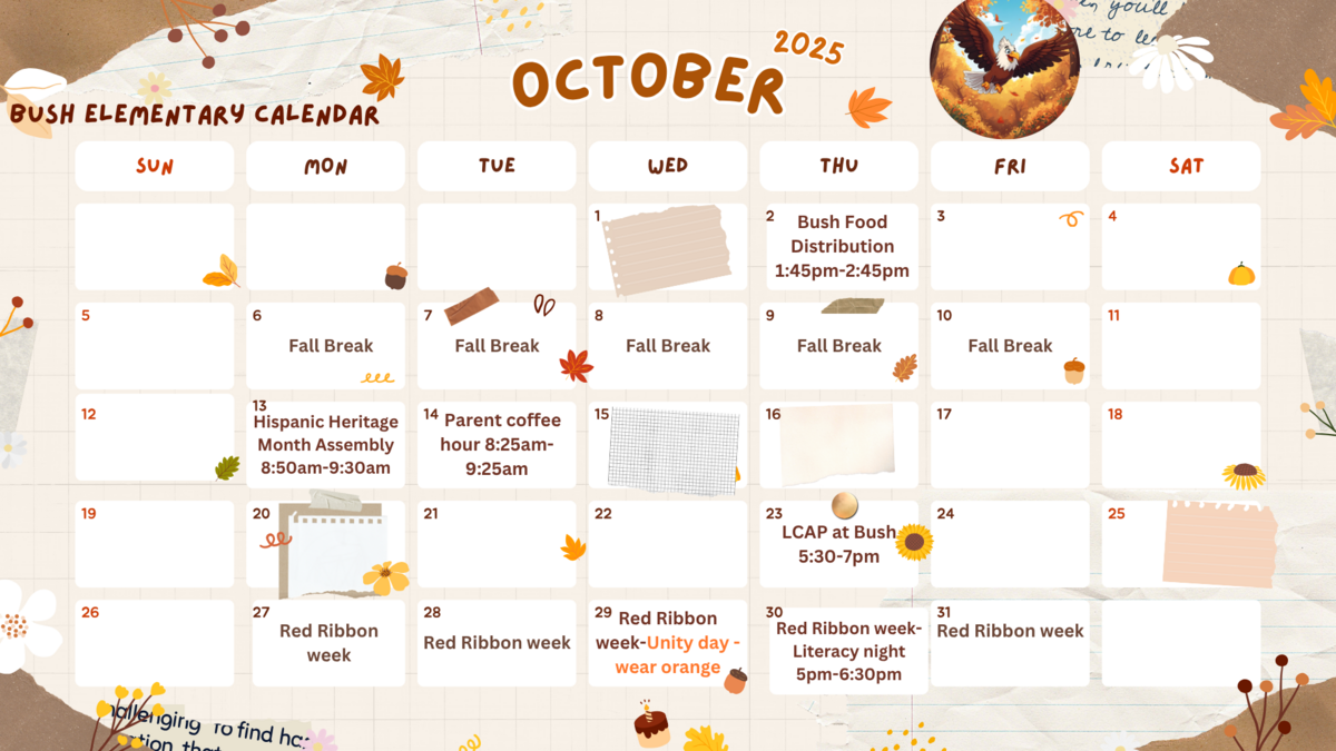 October 2025 calendar for Bush Elementary, featuring fall-themed decorations.