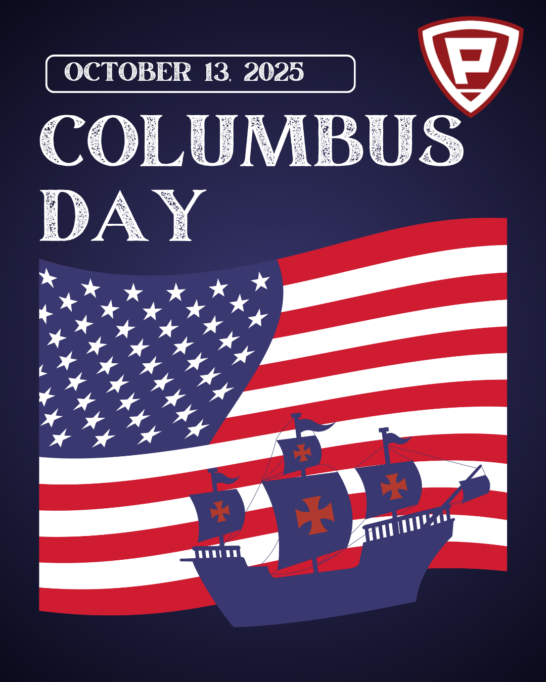 A graphic for Columbus Day features a ship, American flag, and text.