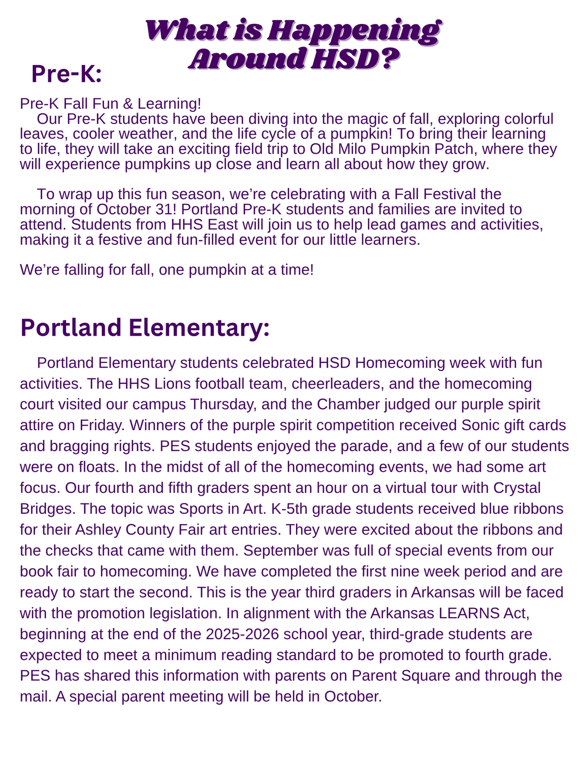 Text-based document titled 'What is Happening Around HSD?' with school announcements.