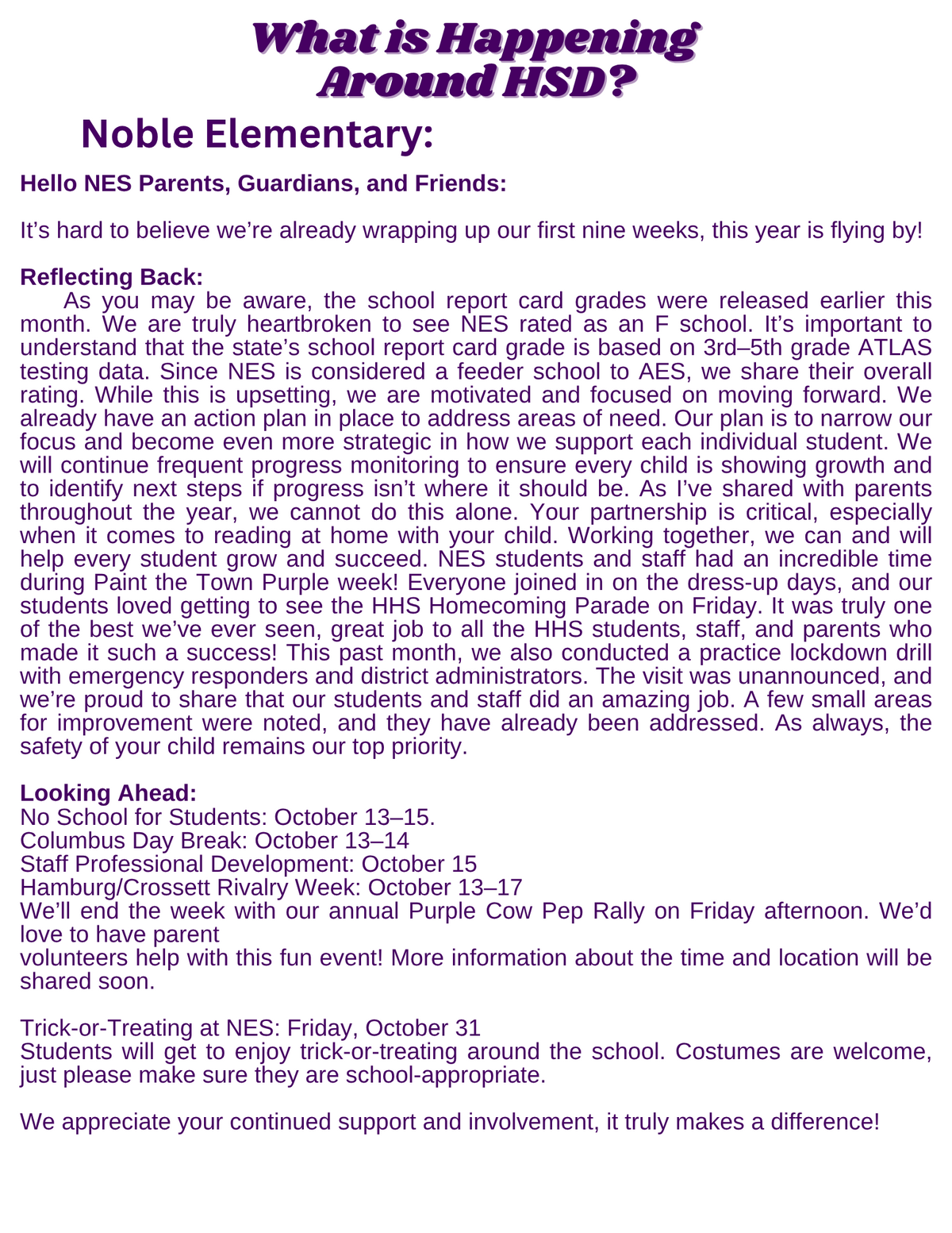 A school newsletter titled 'What is Happening Around HSD?' with announcements.