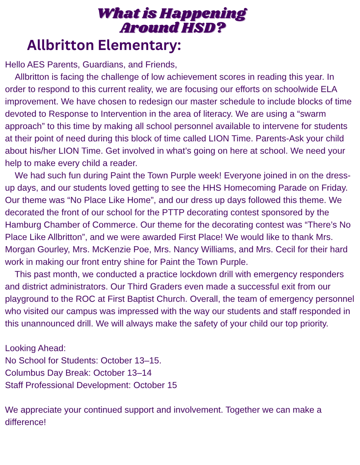 A school newsletter with the title 'What is Happening Around HSD?'