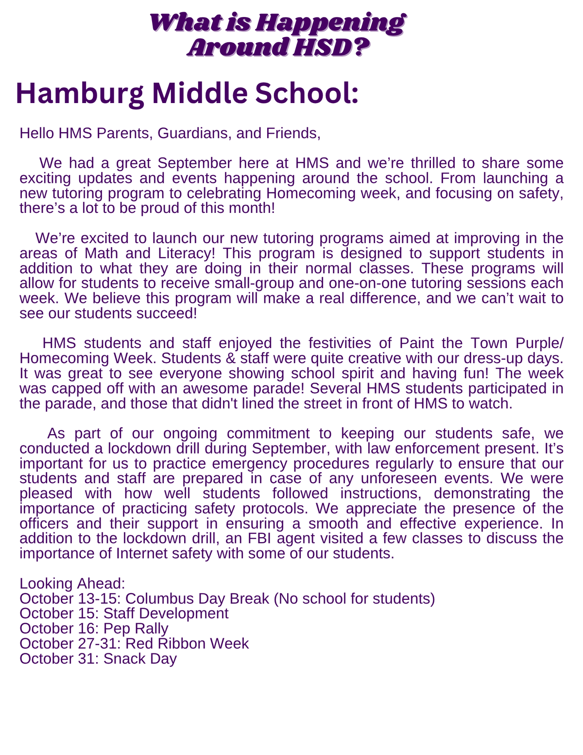 An informational document from Hamburg Middle School, with text about school events.
