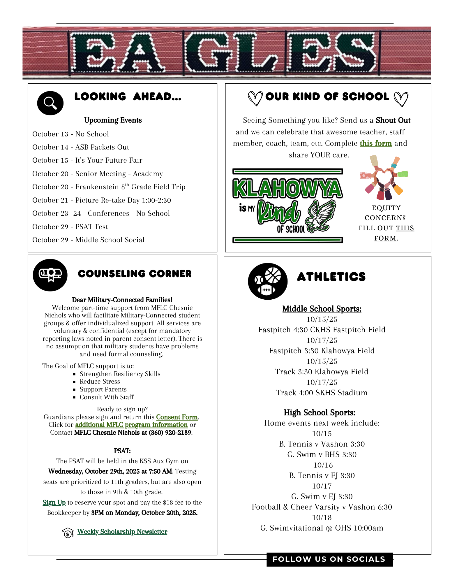 A school bulletin board displays upcoming events, counseling information, and athletic schedules.