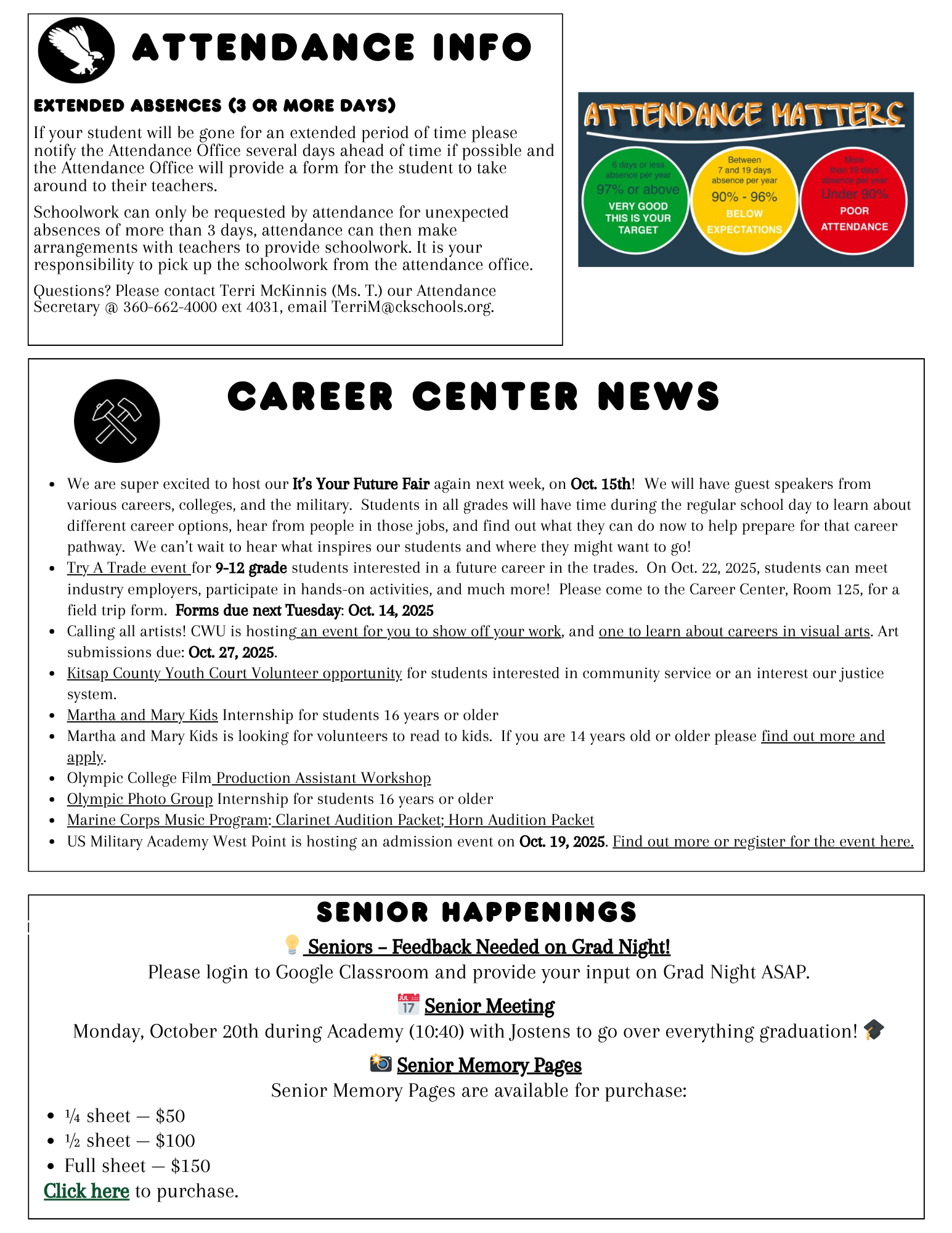 School bulletin board with information on attendance, career center news, and senior happenings.
