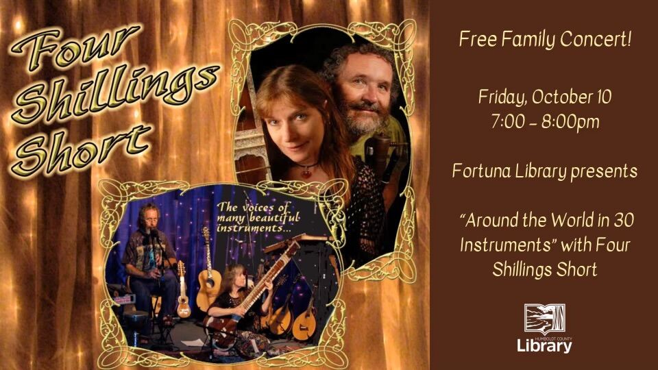 A concert poster for 'Four Shillings Short' at the Fortuna Library, featuring a band photo.