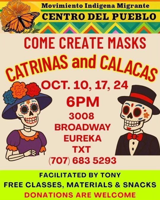 Poster advertising mask-making classes for Catrinas and Calacas, with event details.