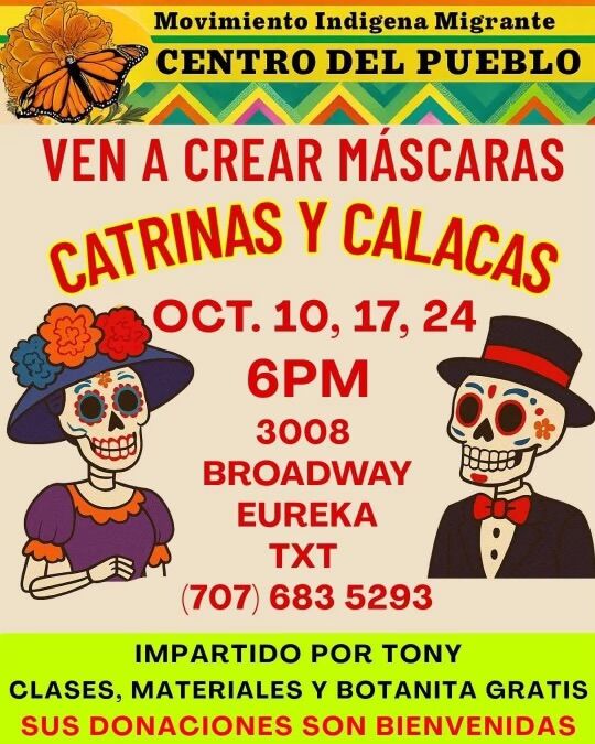 Poster advertising a workshop to create Catrina and Calaca masks, with event details.
