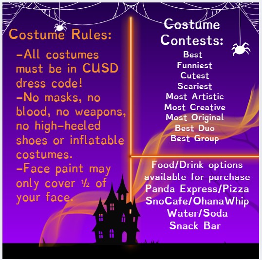 A Halloween event flyer with costume rules and contest categories.