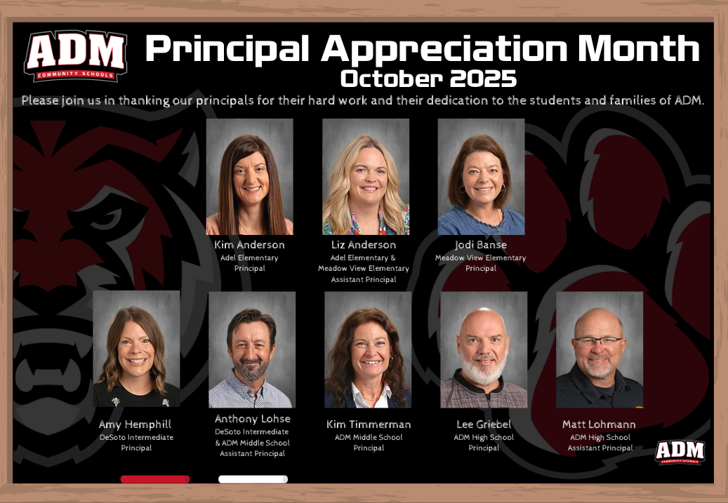 A poster honoring ADM school principals for Principal Appreciation Month, October 2025.