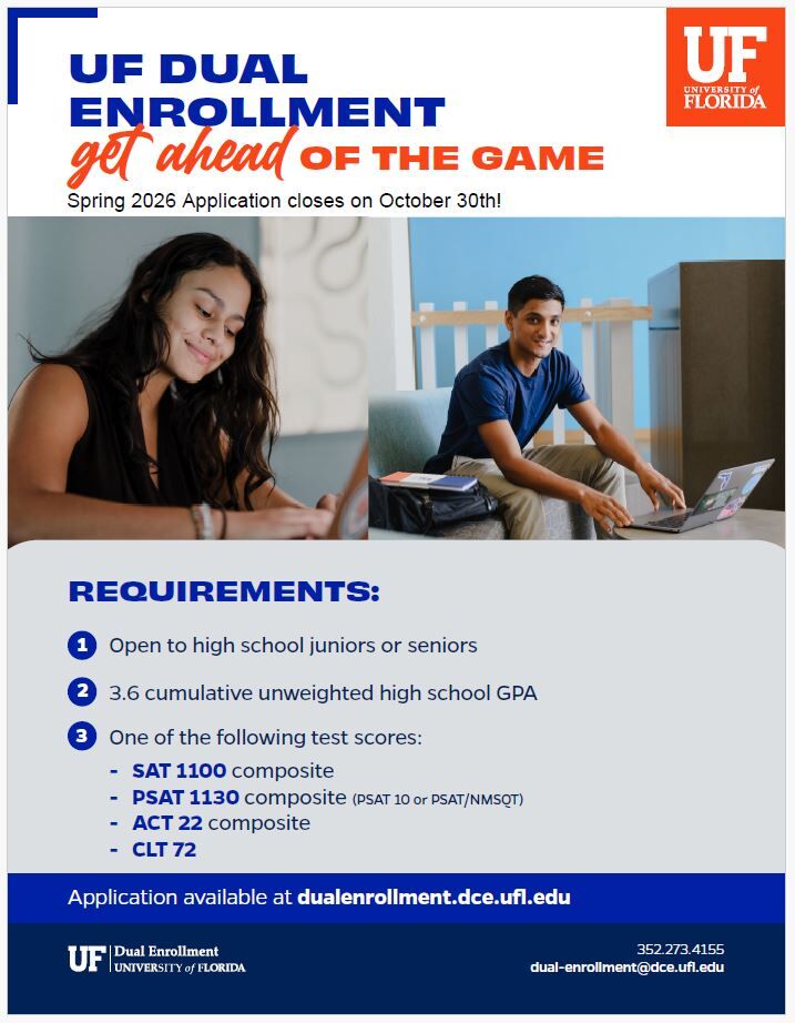 Promotional graphic for UF Dual Enrollment, featuring students and program requirements.