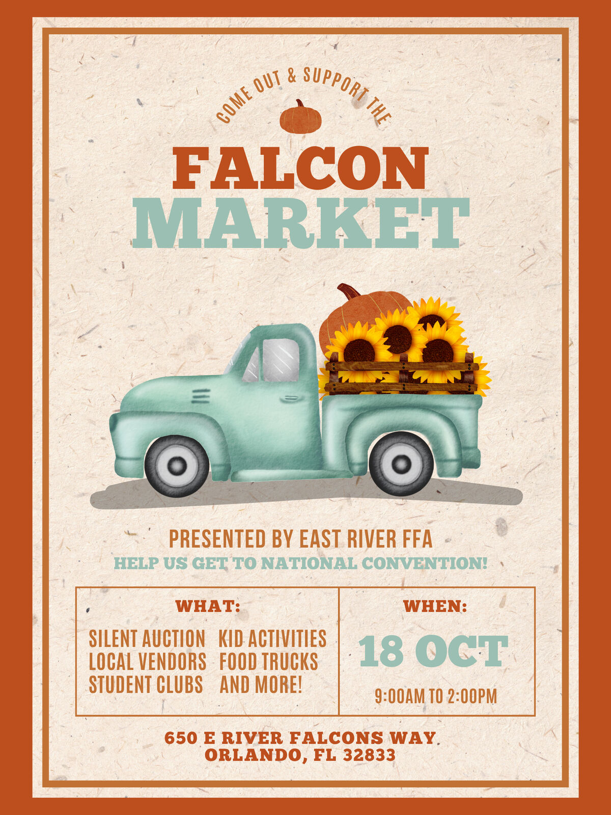 Poster advertising the Falcon Market, featuring a vintage truck with pumpkins and sunflowers.