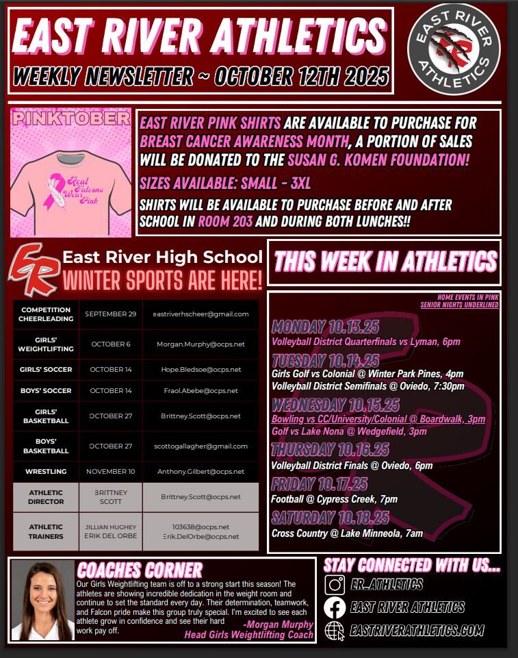 East River Athletics weekly newsletter with sports schedules and Pinktober information.