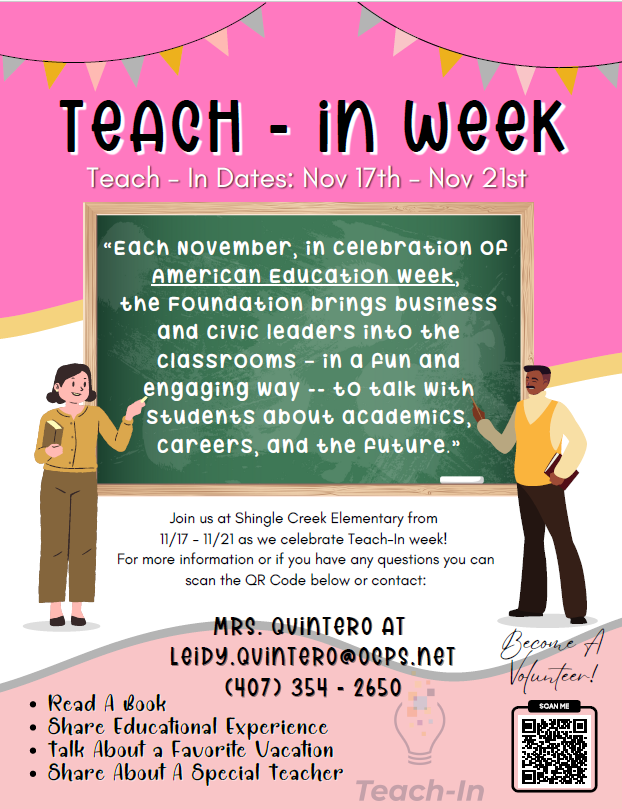 A colorful poster announces 'Teach-In Week' at Shingle Creek Elementary, November 17-21.