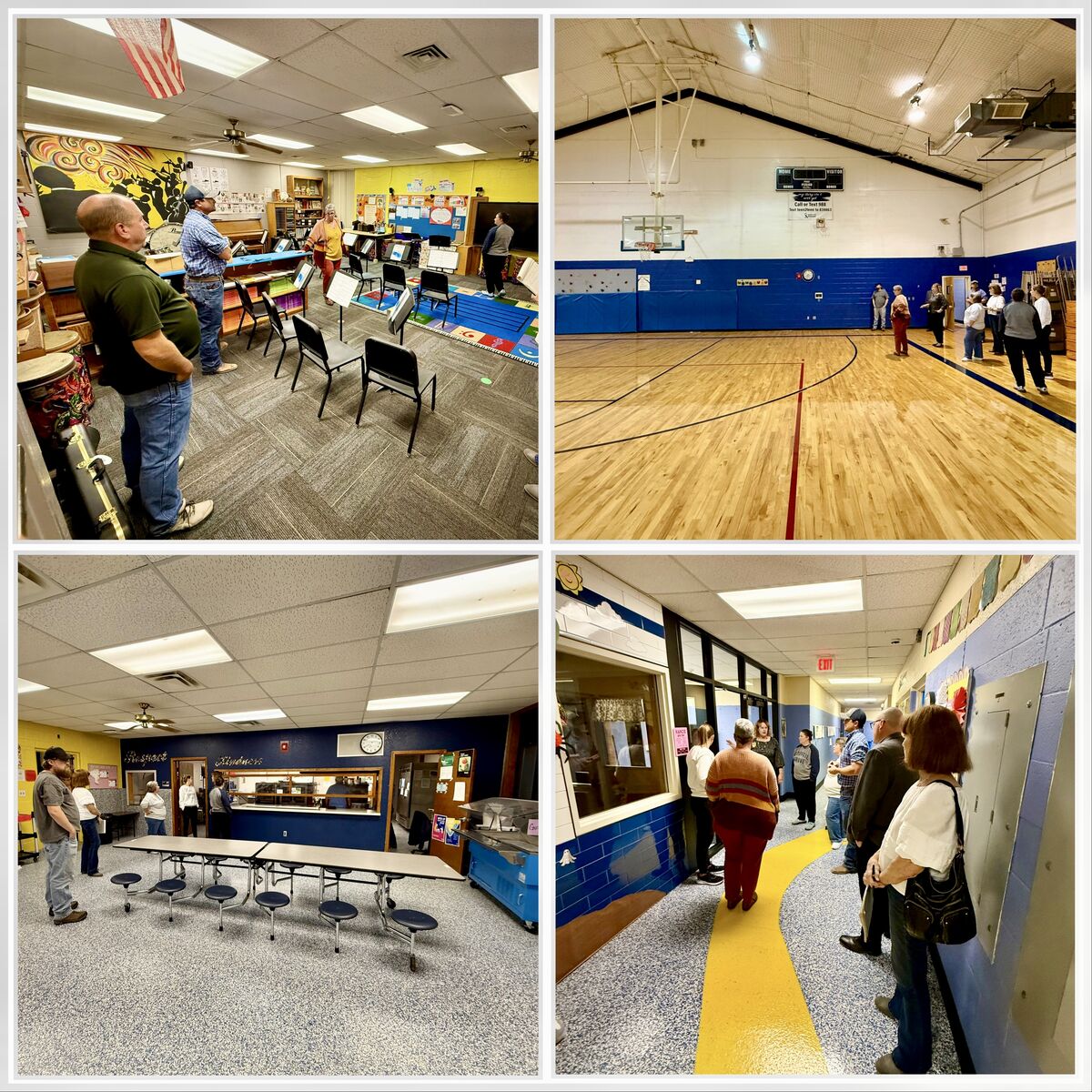 A group of people stand in a music room, observing the instruments and space.