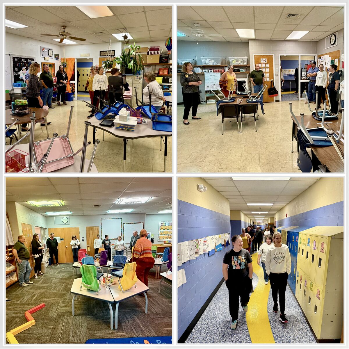 People gather in a classroom, some standing and others looking around.