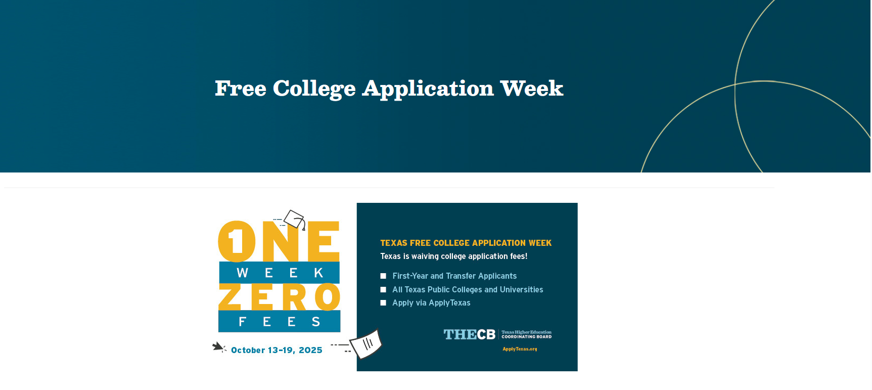 Promotional graphic for Texas Free College Application Week, October 13-19, 2025.