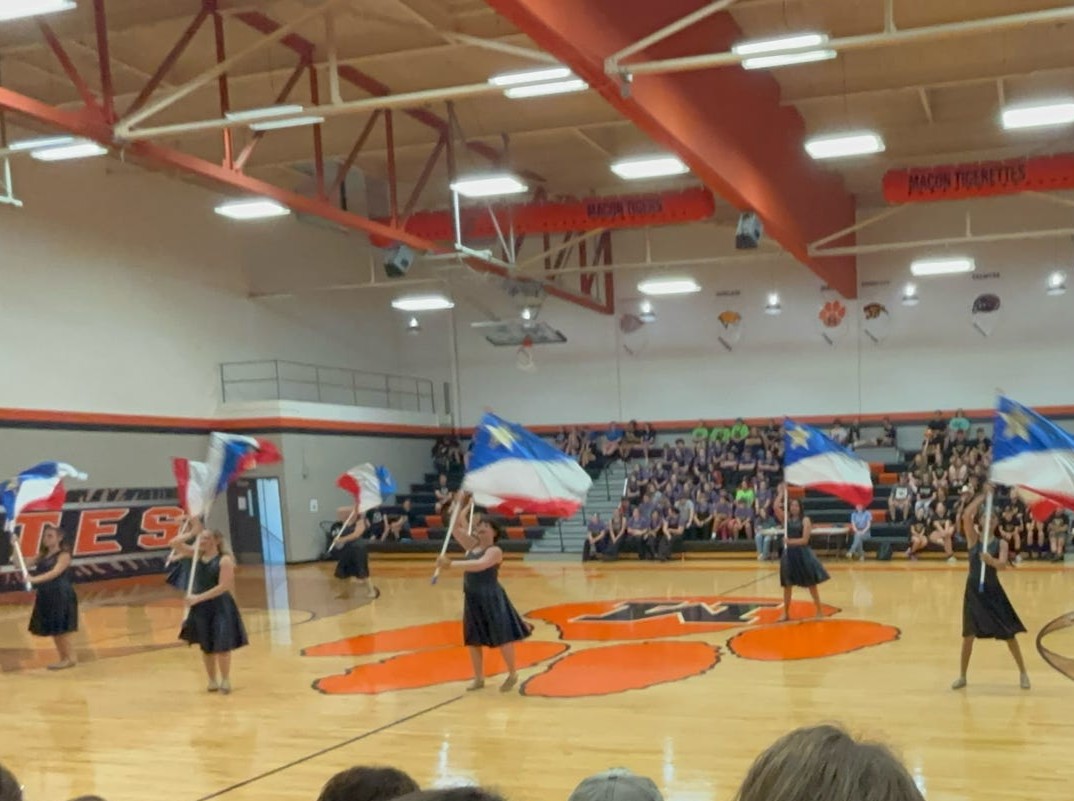 Color guard members in dark dresses, wave red, white, and blue flags on a gym floor with a paw print and an "M" inside