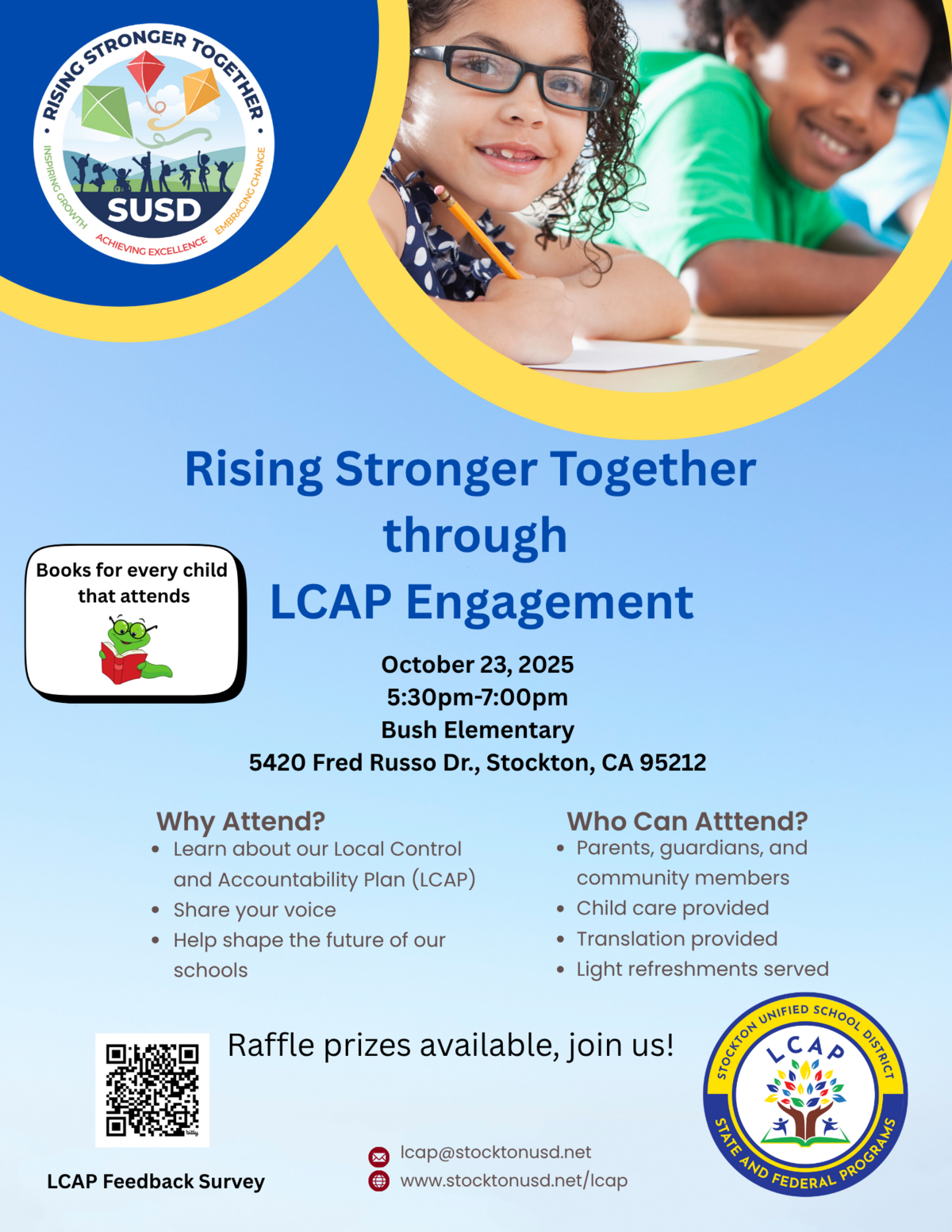 An event flyer promotes LCAP engagement with children's faces in the background.