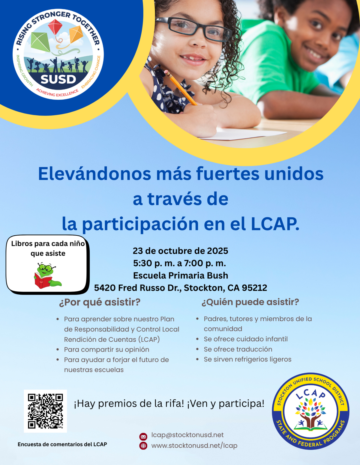 An informational flyer in Spanish promotes participation in the LCAP program, featuring children and school logos.