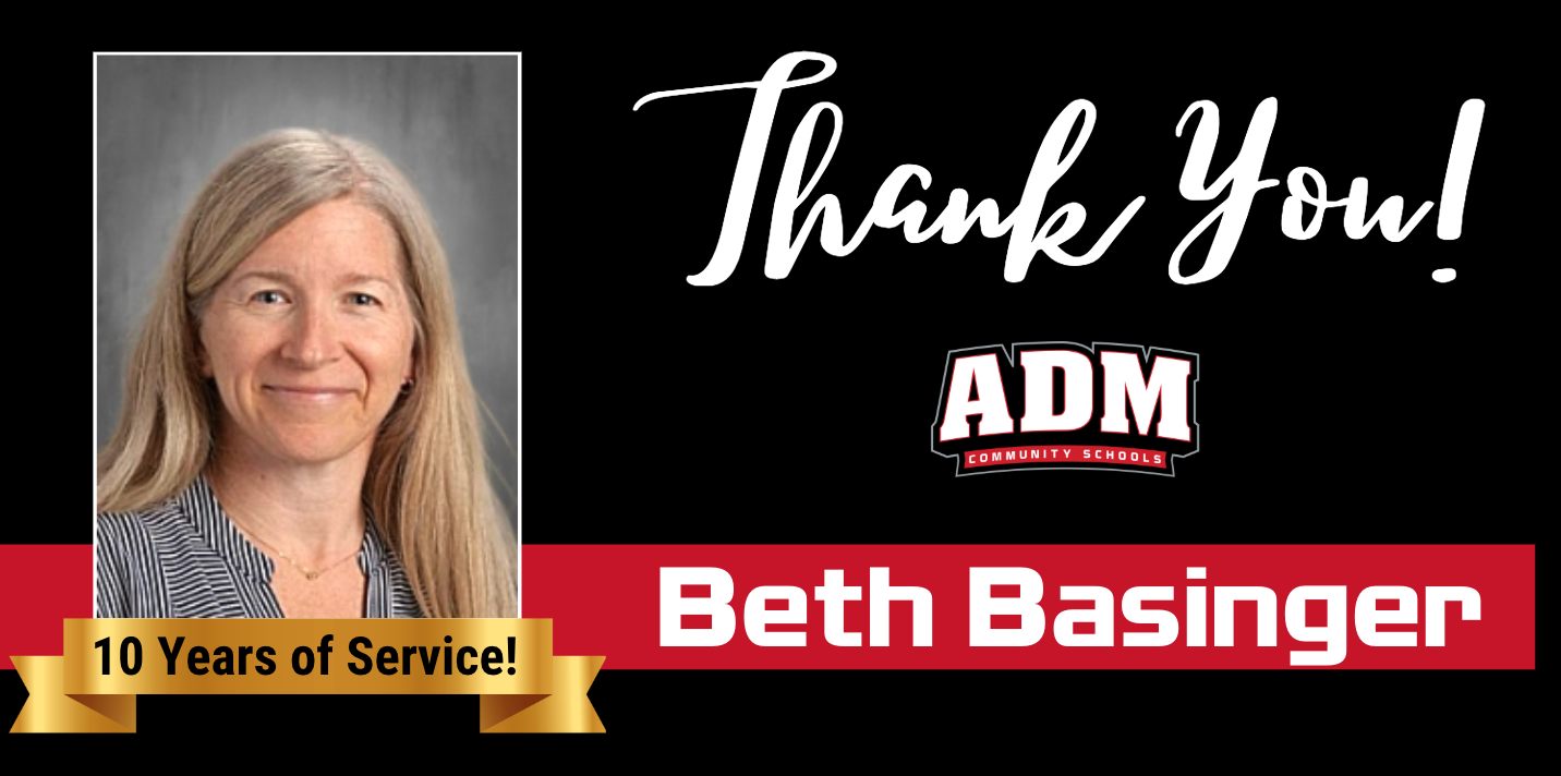 A graphic honoring Beth Basinger for 10 years of service, with her photo and a 'Thank You' message.