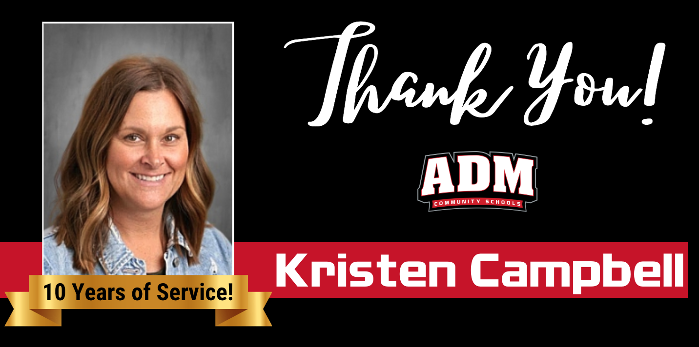 A woman smiles in a photo, with text thanking her for 10 years of service.