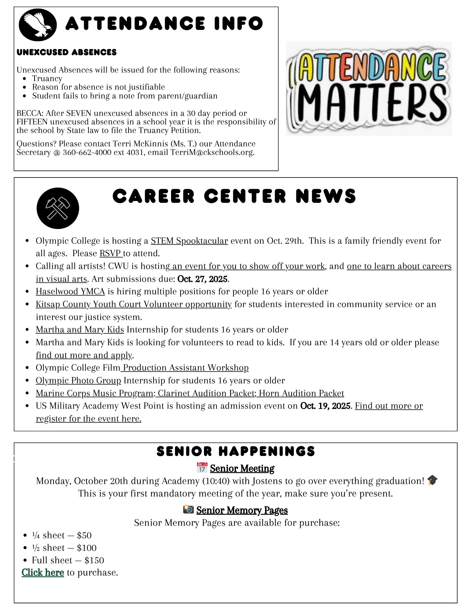 School bulletin board with information on attendance, career center news, and senior happenings.