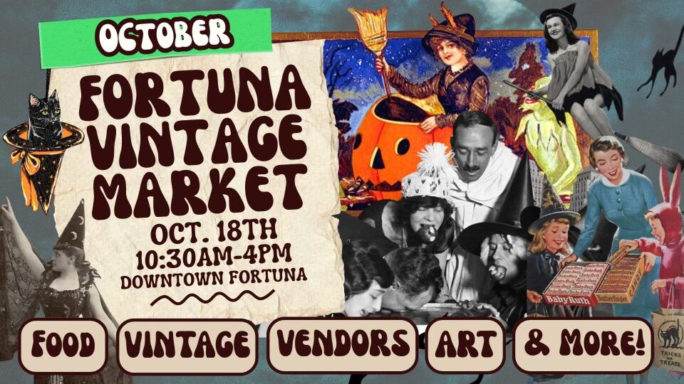 A vintage-style poster advertises the Fortuna Vintage Market in October.